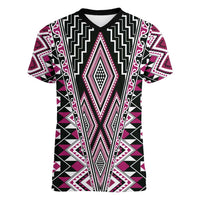 Pink Aotearoa Tukutuku and Poutama Motif Women V-Neck T-Shirt LT03 Female Pink - Polynesian Pride