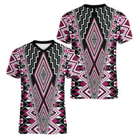 Pink Aotearoa Tukutuku and Poutama Motif Women V-Neck T-Shirt LT03 - Polynesian Pride