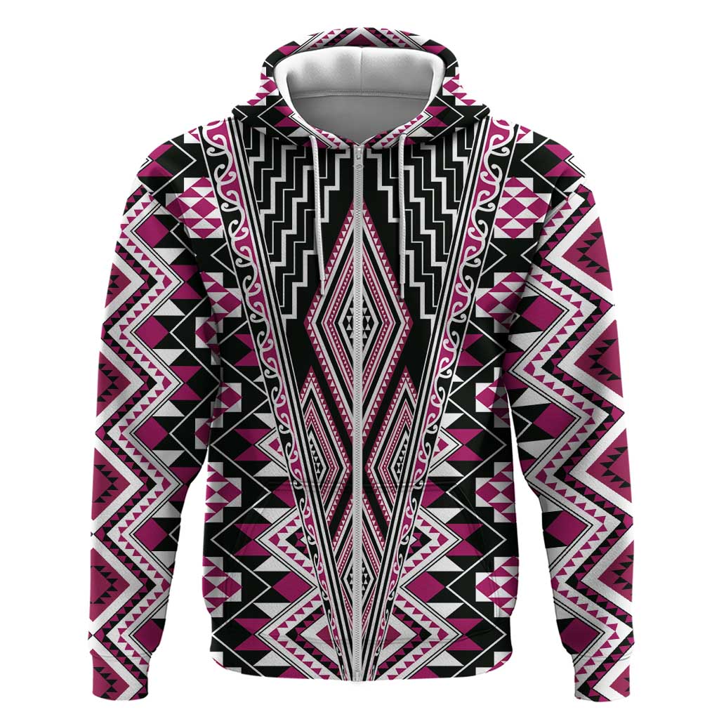 Pink Aotearoa Tukutuku and Poutama Motif Zip Hoodie