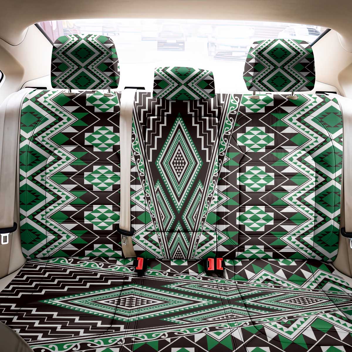 Green Aotearoa Tukutuku and Poutama Motif Back Car Seat Cover