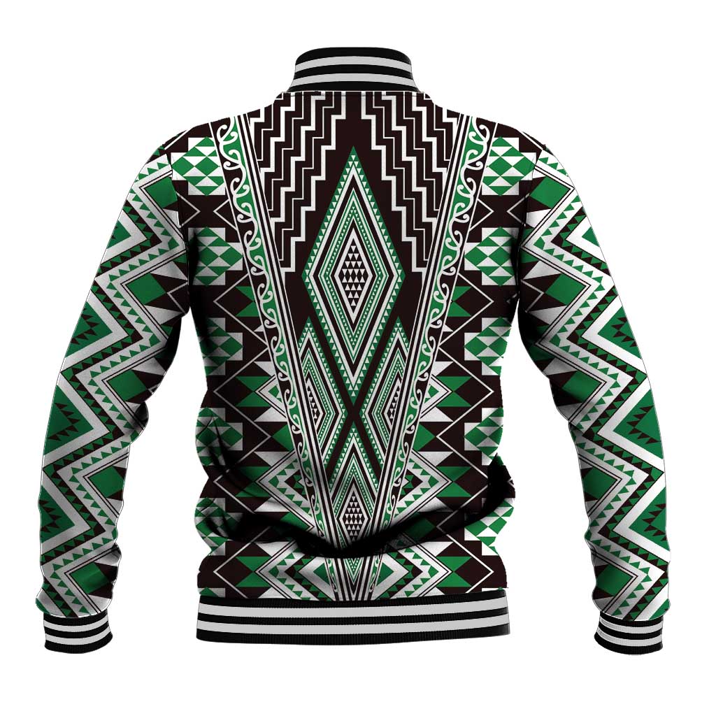Green Aotearoa Tukutuku and Poutama Motif Baseball Jacket