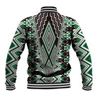 Green Aotearoa Tukutuku and Poutama Motif Baseball Jacket