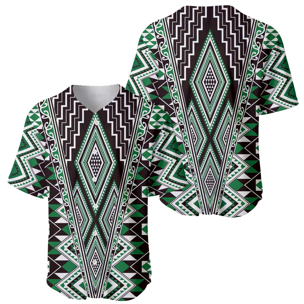 Green Aotearoa Tukutuku and Poutama Motif Baseball Jersey LT03 - Polynesian Pride