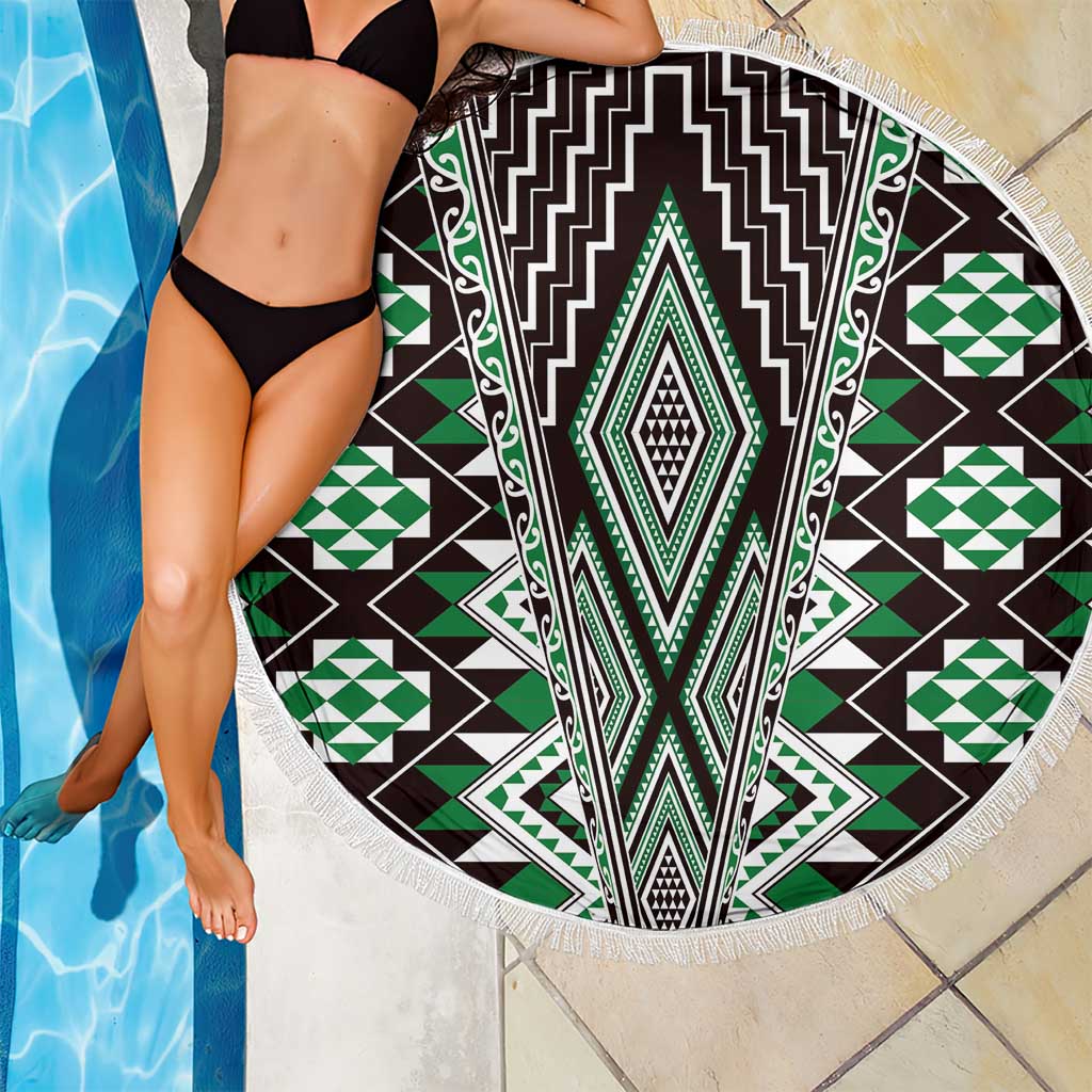 Green Aotearoa Tukutuku and Poutama Motif Beach Blanket
