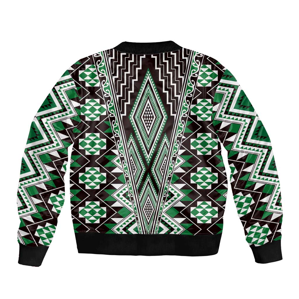 Green Aotearoa Tukutuku and Poutama Motif Bomber Jacket