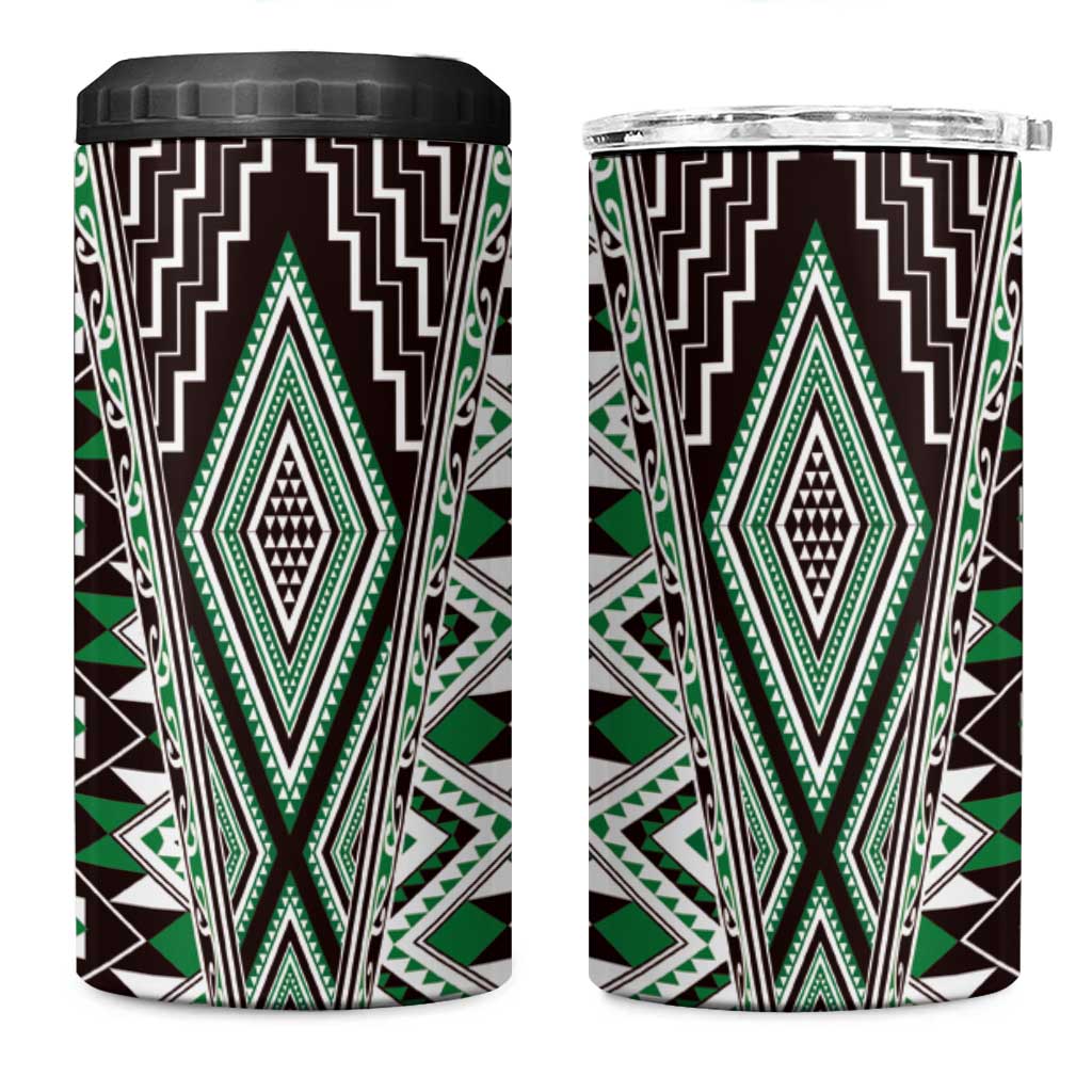 Green Aotearoa Tukutuku and Poutama Motif 4 in 1 Can Cooler Tumbler LT03 One Size: 16 oz Green - Polynesian Pride