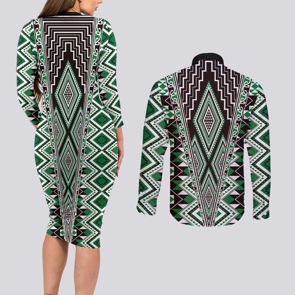 Green Aotearoa Tukutuku and Poutama Motif Couples Matching Long Sleeve Bodycon Dress and Long Sleeve Button Shirt