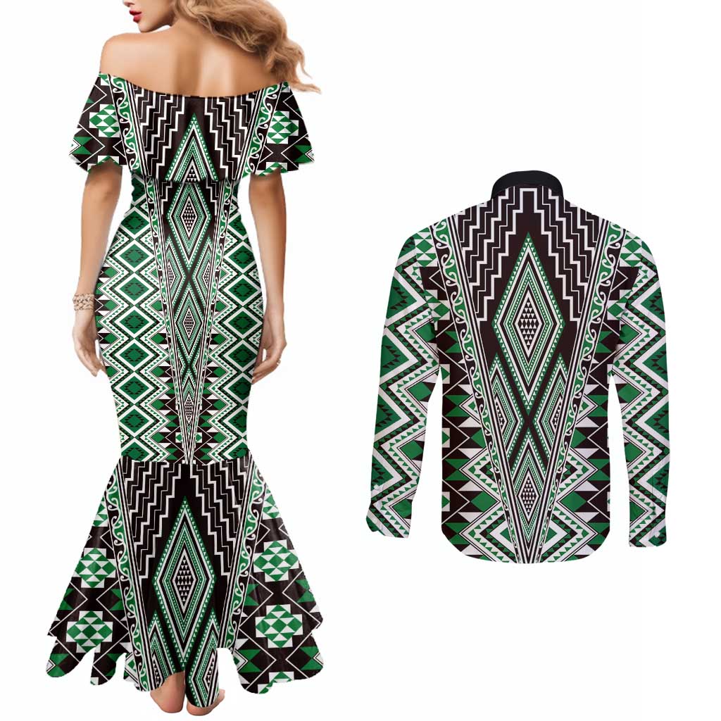 Green Aotearoa Tukutuku and Poutama Motif Couples Matching Mermaid Dress and Long Sleeve Button Shirt LT03 - Polynesian Pride