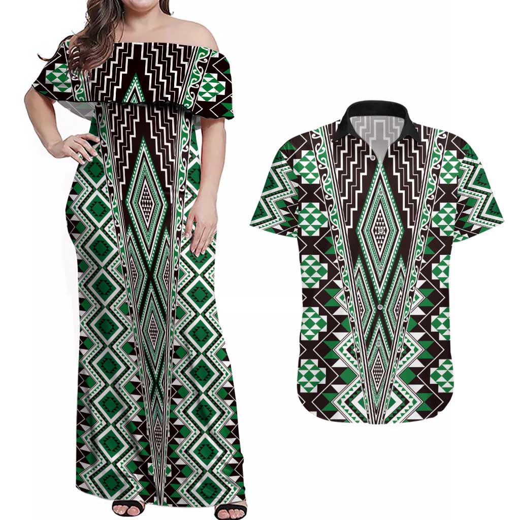 Green Aotearoa Tukutuku and Poutama Motif Couples Matching Off Shoulder Maxi Dress and Hawaiian Shirt LT03 Green - Polynesian Pride