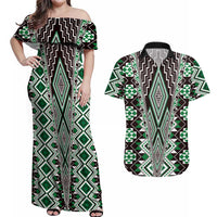 Green Aotearoa Tukutuku and Poutama Motif Couples Matching Off Shoulder Maxi Dress and Hawaiian Shirt LT03 Green - Polynesian Pride