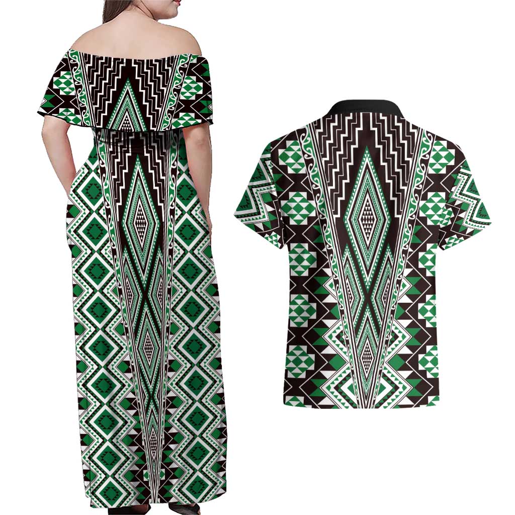 Green Aotearoa Tukutuku and Poutama Motif Couples Matching Off Shoulder Maxi Dress and Hawaiian Shirt LT03 - Polynesian Pride