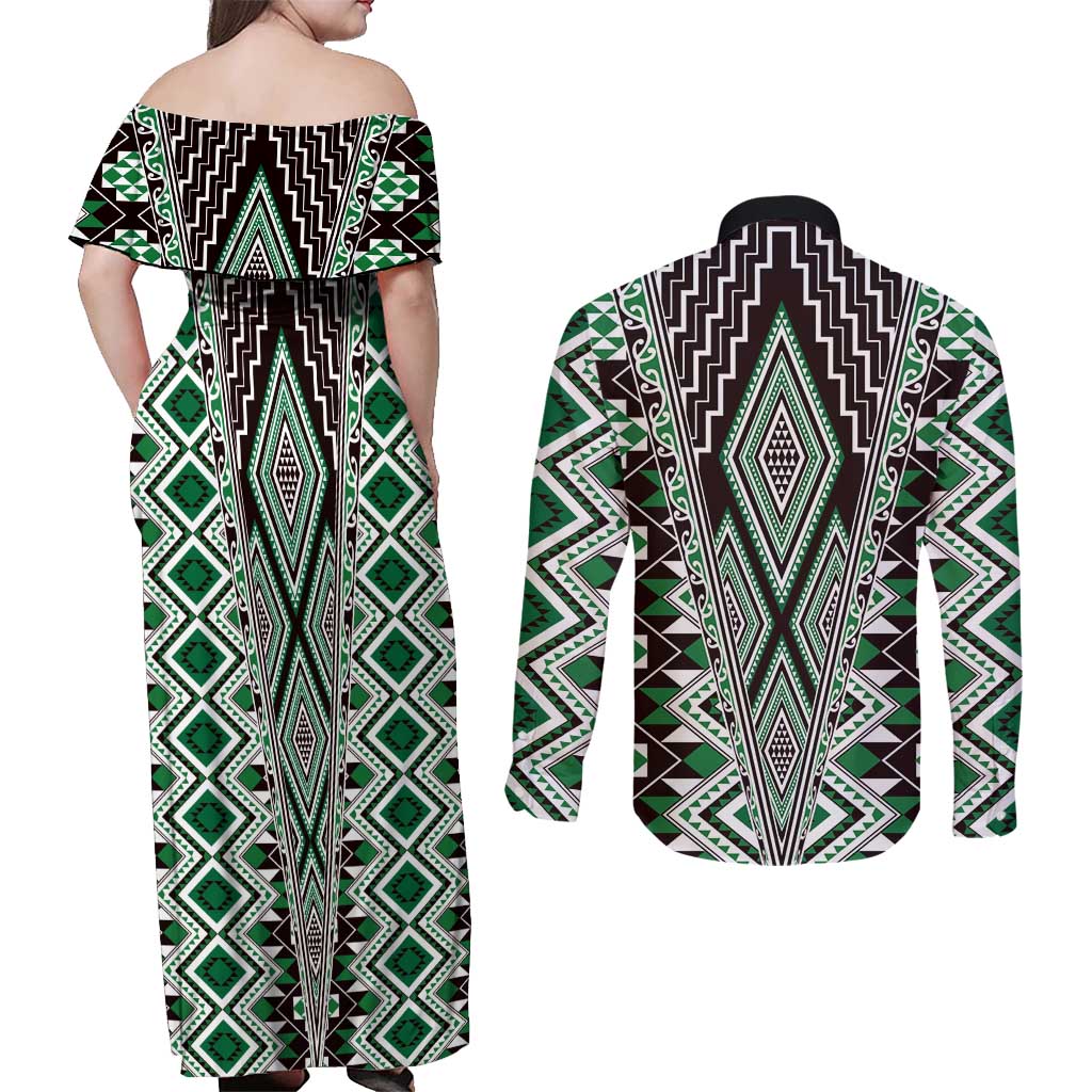 Green Aotearoa Tukutuku and Poutama Motif Couples Matching Off Shoulder Maxi Dress and Long Sleeve Button Shirt LT03 - Polynesian Pride