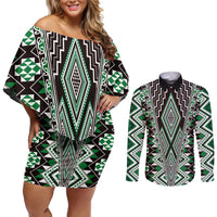 Green Aotearoa Tukutuku and Poutama Motif Couples Matching Off Shoulder Short Dress and Long Sleeve Button Shirt LT03 Green - Polynesian Pride