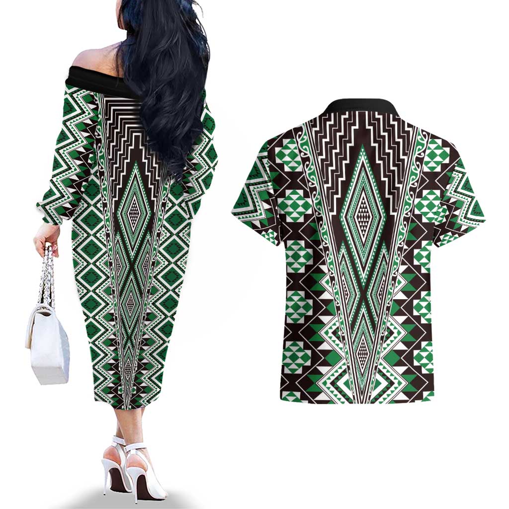 Green Aotearoa Tukutuku and Poutama Motif Couples Matching Off The Shoulder Long Sleeve Dress and Hawaiian Shirt