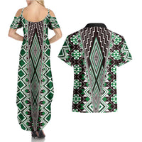 Green Aotearoa Tukutuku and Poutama Motif Couples Matching Summer Maxi Dress and Hawaiian Shirt LT03 - Polynesian Pride