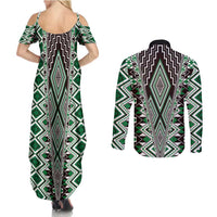 Green Aotearoa Tukutuku and Poutama Motif Couples Matching Summer Maxi Dress and Long Sleeve Button Shirt LT03 - Polynesian Pride