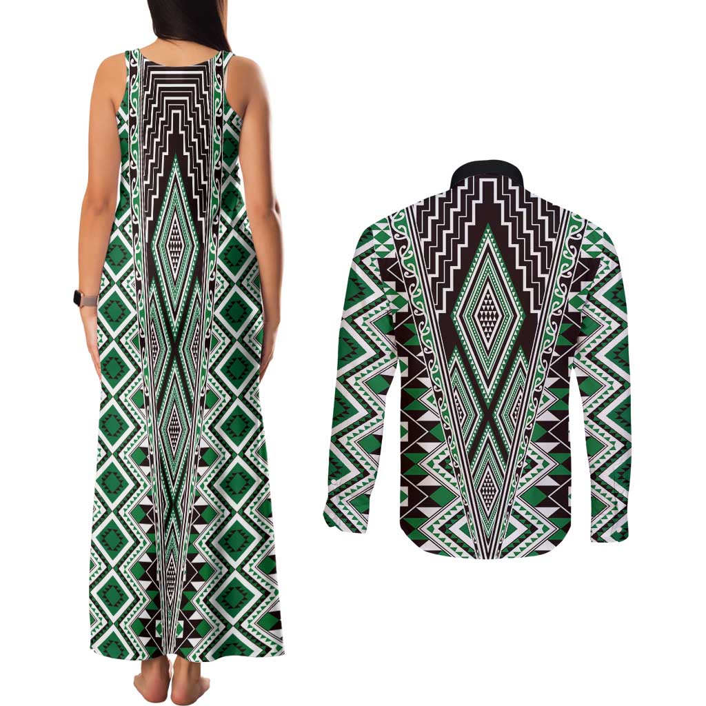 Green Aotearoa Tukutuku and Poutama Motif Couples Matching Tank Maxi Dress and Long Sleeve Button Shirt LT03 - Polynesian Pride