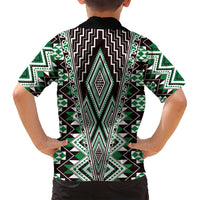 Green Aotearoa Tukutuku and Poutama Motif Family Matching Long Sleeve Bodycon Dress and Hawaiian Shirt LT03 - Polynesian Pride