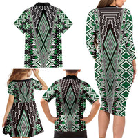 Green Aotearoa Tukutuku and Poutama Motif Family Matching Long Sleeve Bodycon Dress and Hawaiian Shirt LT03 - Polynesian Pride