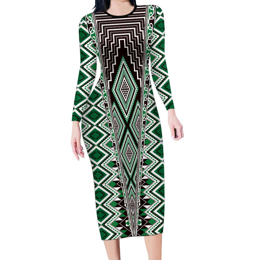Green Aotearoa Tukutuku and Poutama Motif Family Matching Long Sleeve Bodycon Dress and Hawaiian Shirt LT03 Mom's Dress Green - Polynesian Pride