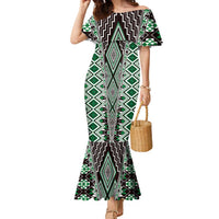 Green Aotearoa Tukutuku and Poutama Motif Family Matching Mermaid Dress and Hawaiian Shirt LT03 Mom's Dress Green - Polynesian Pride