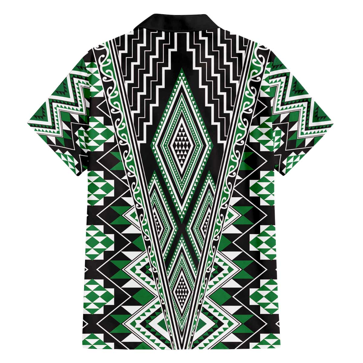 Green Aotearoa Tukutuku and Poutama Motif Family Matching Off The Shoulder Long Sleeve Dress and Hawaiian Shirt