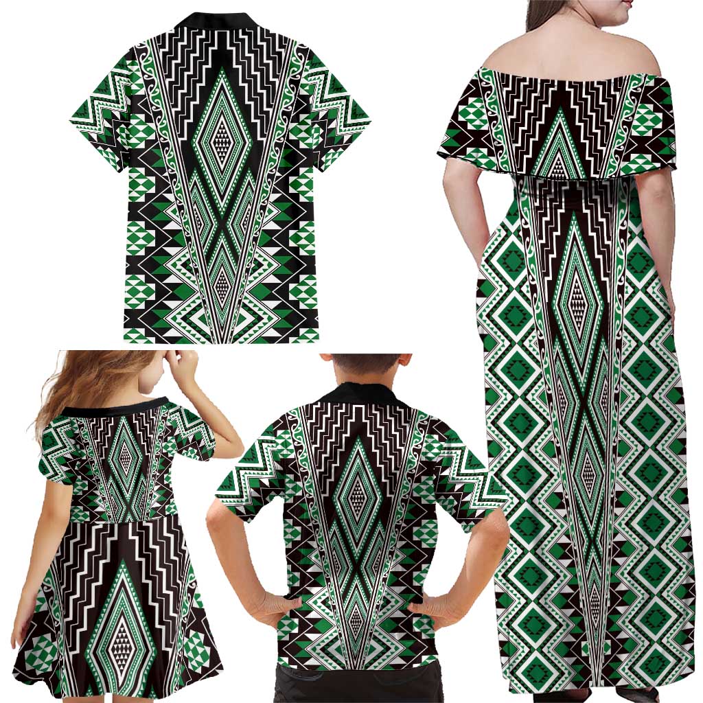 Green Aotearoa Tukutuku and Poutama Motif Family Matching Off Shoulder Maxi Dress and Hawaiian Shirt LT03 - Polynesian Pride