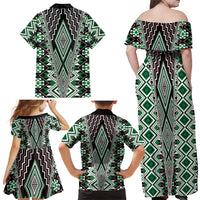 Green Aotearoa Tukutuku and Poutama Motif Family Matching Off Shoulder Maxi Dress and Hawaiian Shirt LT03 - Polynesian Pride