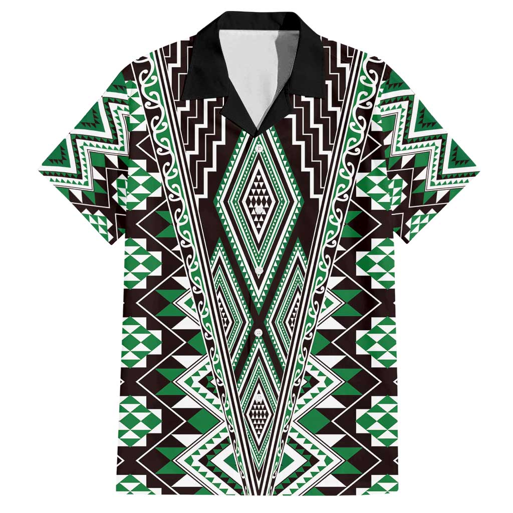 Green Aotearoa Tukutuku and Poutama Motif Family Matching Off Shoulder Maxi Dress and Hawaiian Shirt LT03 Dad's Shirt - Short Sleeve Green - Polynesian Pride