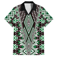 Green Aotearoa Tukutuku and Poutama Motif Family Matching Off Shoulder Maxi Dress and Hawaiian Shirt LT03 Dad's Shirt - Short Sleeve Green - Polynesian Pride