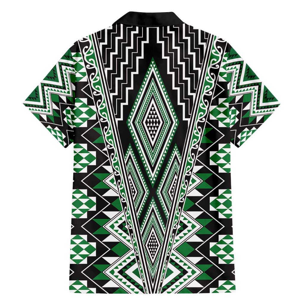 Green Aotearoa Tukutuku and Poutama Motif Family Matching Off Shoulder Maxi Dress and Hawaiian Shirt LT03 - Polynesian Pride