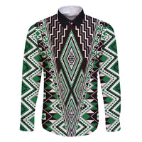 Green Aotearoa Tukutuku and Poutama Motif Family Matching Off Shoulder Maxi Dress and Hawaiian Shirt LT03 Dad's Shirt - Long Sleeve Green - Polynesian Pride