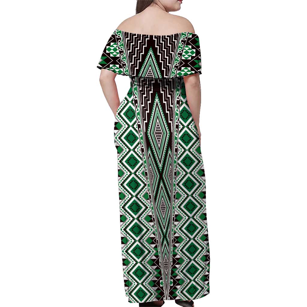 Green Aotearoa Tukutuku and Poutama Motif Family Matching Off Shoulder Maxi Dress and Hawaiian Shirt LT03 - Polynesian Pride