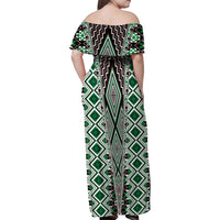 Green Aotearoa Tukutuku and Poutama Motif Family Matching Off Shoulder Maxi Dress and Hawaiian Shirt LT03 - Polynesian Pride