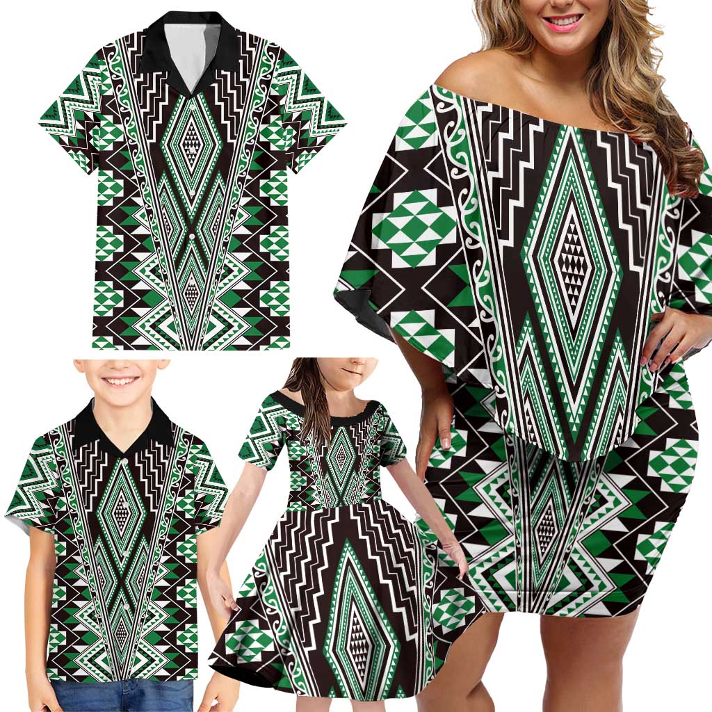 Green Aotearoa Tukutuku and Poutama Motif Family Matching Off Shoulder Short Dress and Hawaiian Shirt LT03 - Polynesian Pride