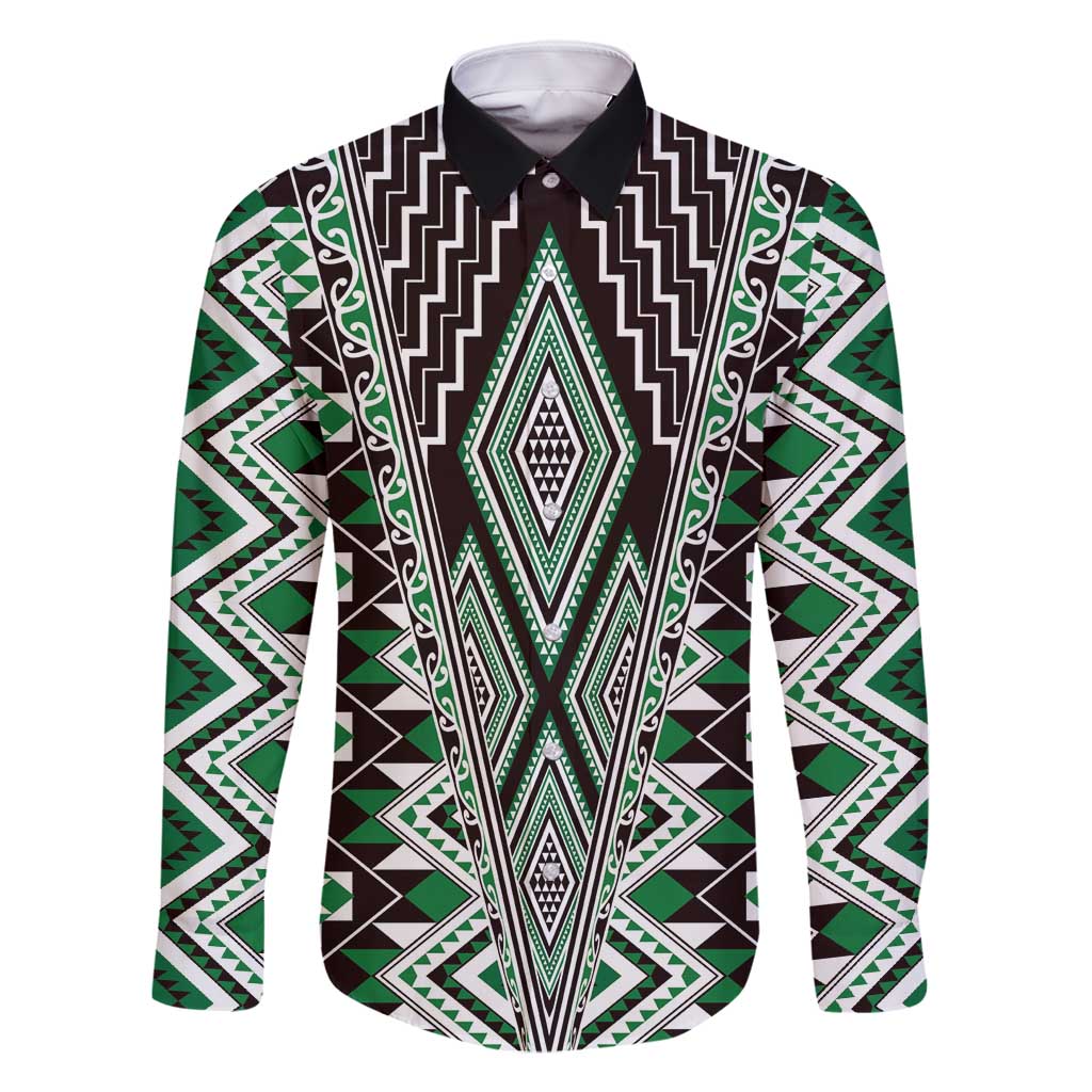 Green Aotearoa Tukutuku and Poutama Motif Family Matching Off Shoulder Short Dress and Hawaiian Shirt LT03 Dad's Shirt - Long Sleeve Green - Polynesian Pride