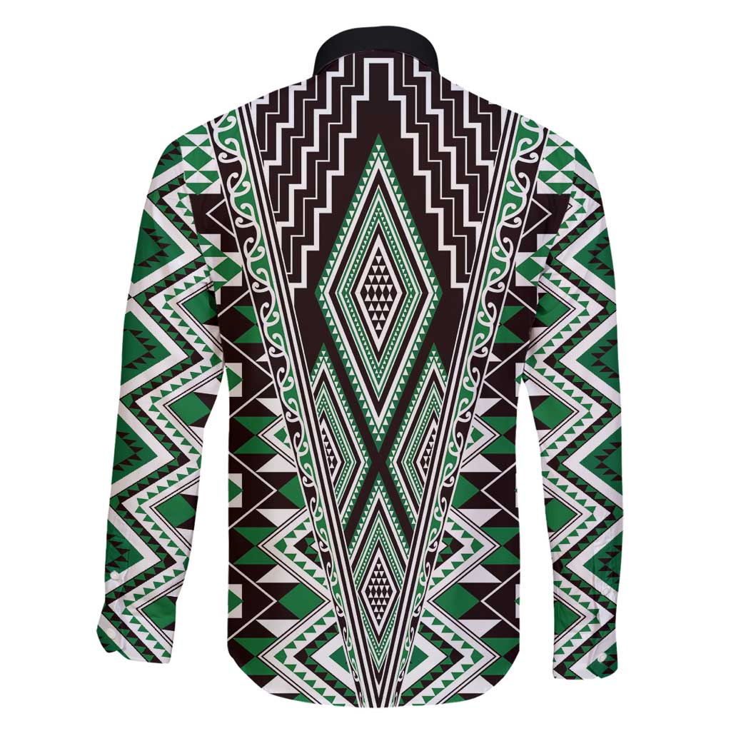 Green Aotearoa Tukutuku and Poutama Motif Family Matching Puletasi and Hawaiian Shirt LT03 - Polynesian Pride