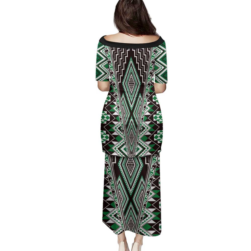Green Aotearoa Tukutuku and Poutama Motif Family Matching Puletasi and Hawaiian Shirt LT03 - Polynesian Pride