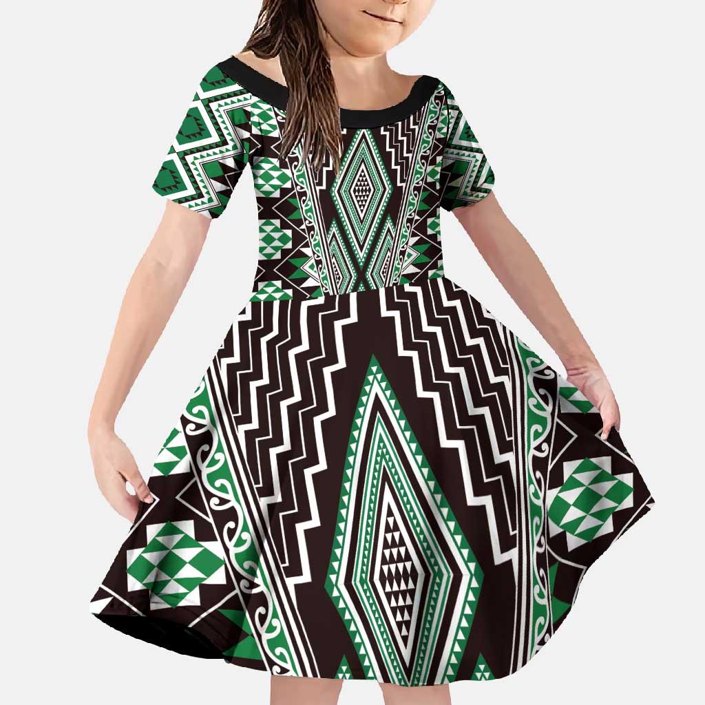 Green Aotearoa Tukutuku and Poutama Motif Family Matching Short Sleeve Bodycon Dress and Hawaiian Shirt LT03 Daughter's Dress Green - Polynesian Pride