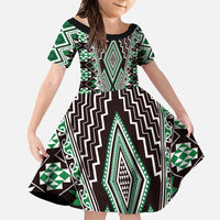 Green Aotearoa Tukutuku and Poutama Motif Family Matching Short Sleeve Bodycon Dress and Hawaiian Shirt LT03 Daughter's Dress Green - Polynesian Pride