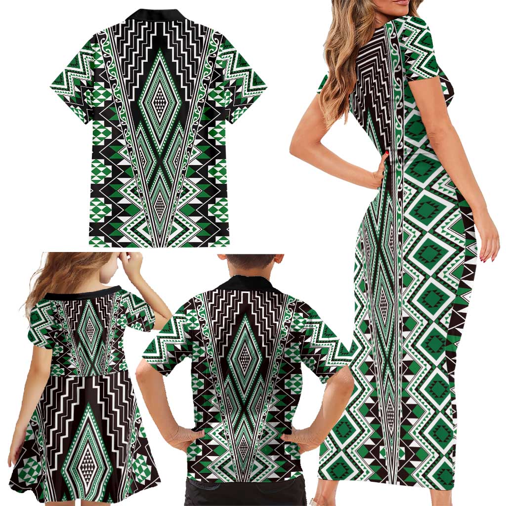 Green Aotearoa Tukutuku and Poutama Motif Family Matching Short Sleeve Bodycon Dress and Hawaiian Shirt LT03 - Polynesian Pride