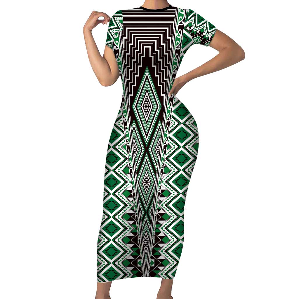 Green Aotearoa Tukutuku and Poutama Motif Family Matching Short Sleeve Bodycon Dress and Hawaiian Shirt LT03 Mom's Dress Green - Polynesian Pride