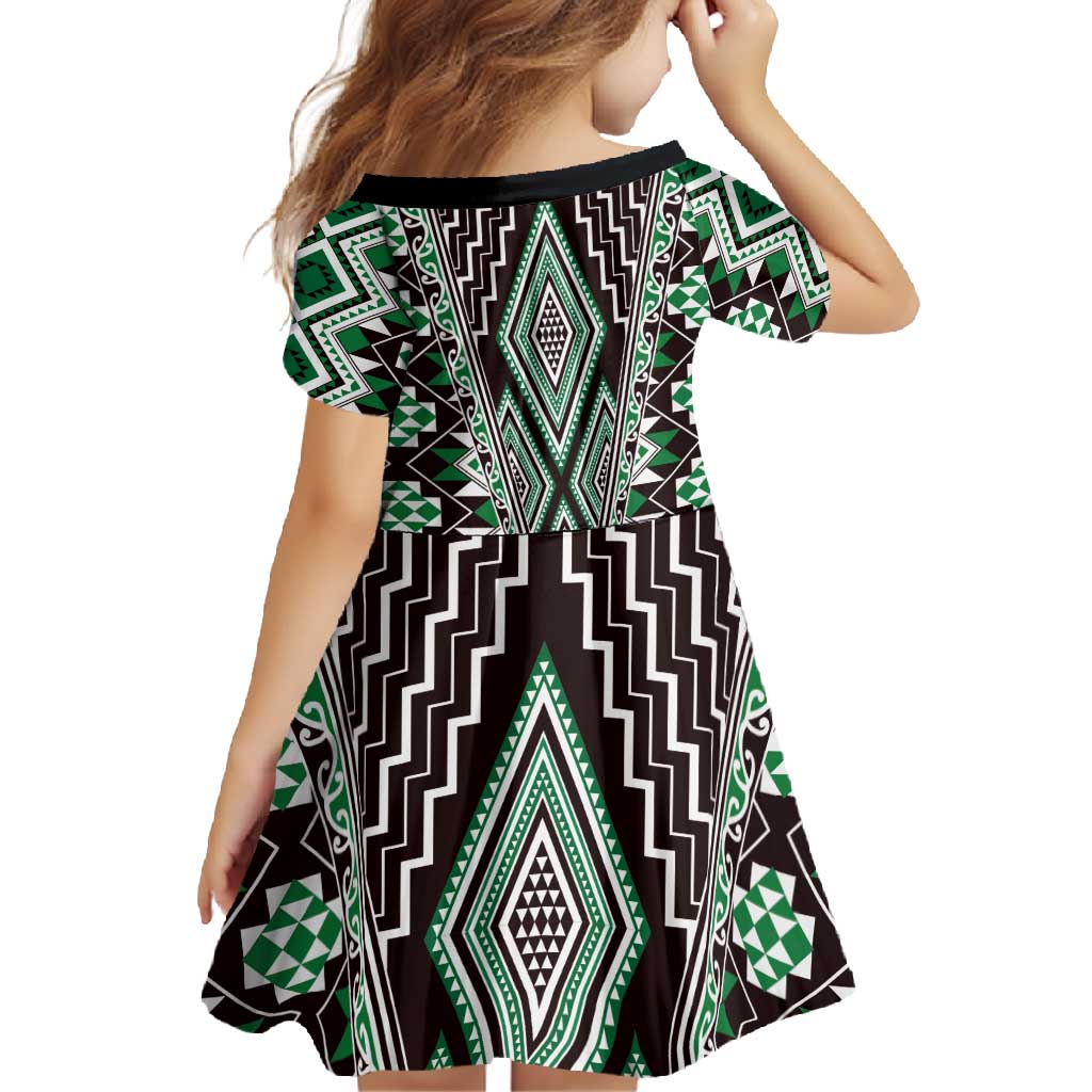 Green Aotearoa Tukutuku and Poutama Motif Family Matching Summer Maxi Dress and Hawaiian Shirt LT03 - Polynesian Pride