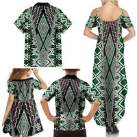 Green Aotearoa Tukutuku and Poutama Motif Family Matching Summer Maxi Dress and Hawaiian Shirt LT03 - Polynesian Pride