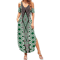 Green Aotearoa Tukutuku and Poutama Motif Family Matching Summer Maxi Dress and Hawaiian Shirt LT03 Mom's Dress Green - Polynesian Pride