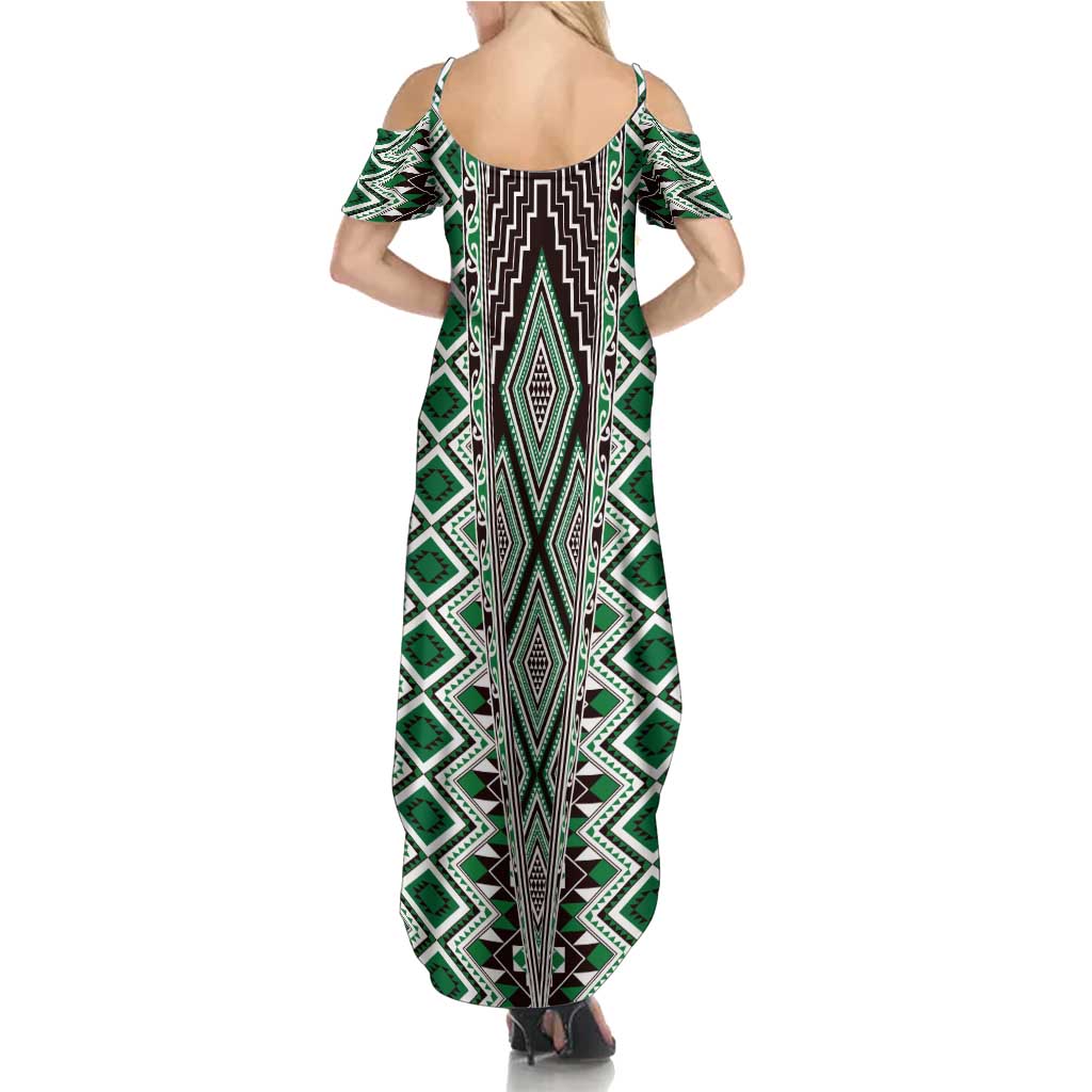 Green Aotearoa Tukutuku and Poutama Motif Family Matching Summer Maxi Dress and Hawaiian Shirt LT03 - Polynesian Pride