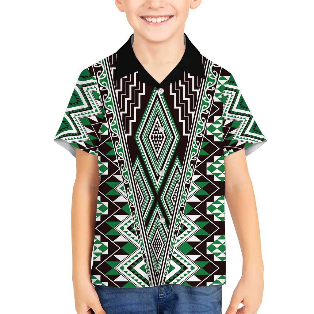 Green Aotearoa Tukutuku and Poutama Motif Family Matching Summer Maxi Dress and Hawaiian Shirt LT03 Son's Shirt Green - Polynesian Pride