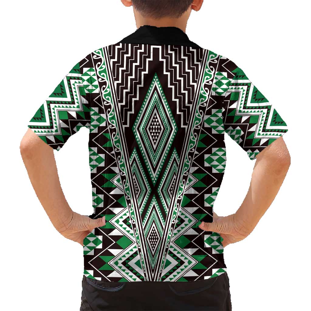 Green Aotearoa Tukutuku and Poutama Motif Family Matching Tank Maxi Dress and Hawaiian Shirt LT03 - Polynesian Pride