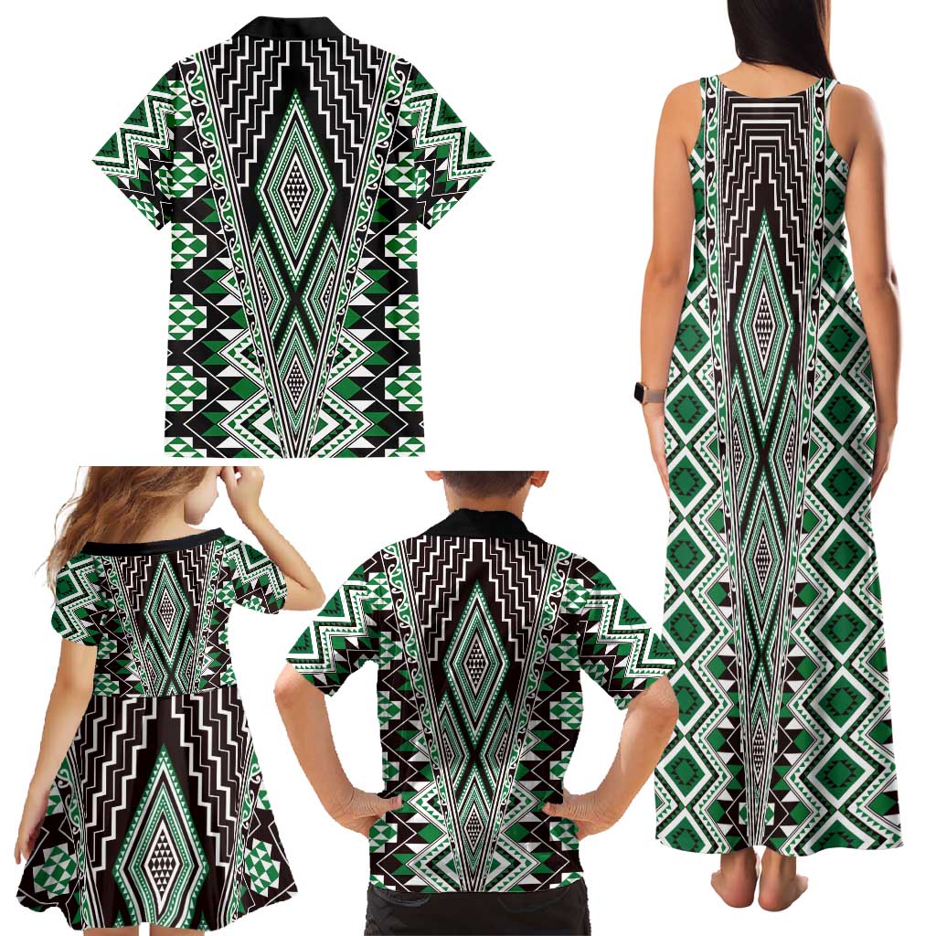 Green Aotearoa Tukutuku and Poutama Motif Family Matching Tank Maxi Dress and Hawaiian Shirt LT03 - Polynesian Pride