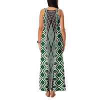 Green Aotearoa Tukutuku and Poutama Motif Family Matching Tank Maxi Dress and Hawaiian Shirt LT03 - Polynesian Pride
